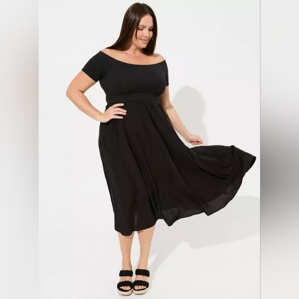 Tea Length Foxy Challis Off Shoulder Dress